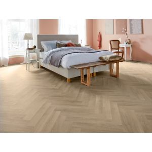 Slaapkamer met Parva River Oak Po PVC 56054  PVC visgraat klikvloer Solcora Silence