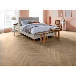 Slaapkamer met Parva River Oak Rhone 56059  PVC visgraat klikvloer Solcora Silence